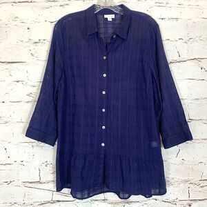 J Jill Navy Blue Sheer Plaid Button Front Tunic Top Medium 3/4 Sleeve Blouse